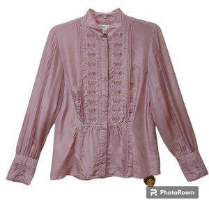 Coldwater Creek Mauve Silk LS BU Blouse Pintuck Embroidery Crochet Stand Collar
